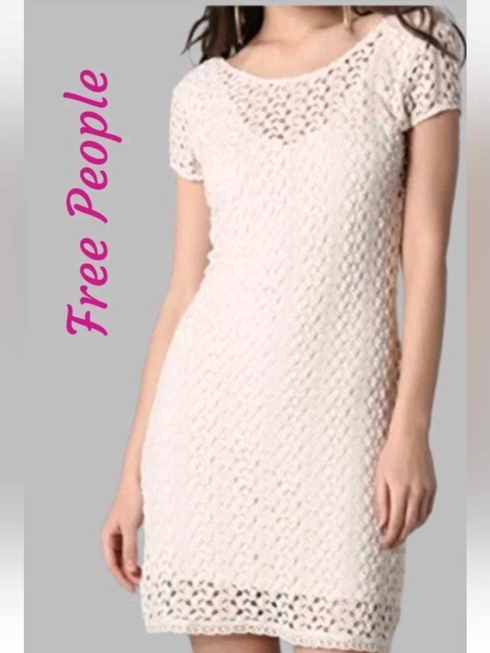 Free People lined crochet dress cream shirt sleeve large